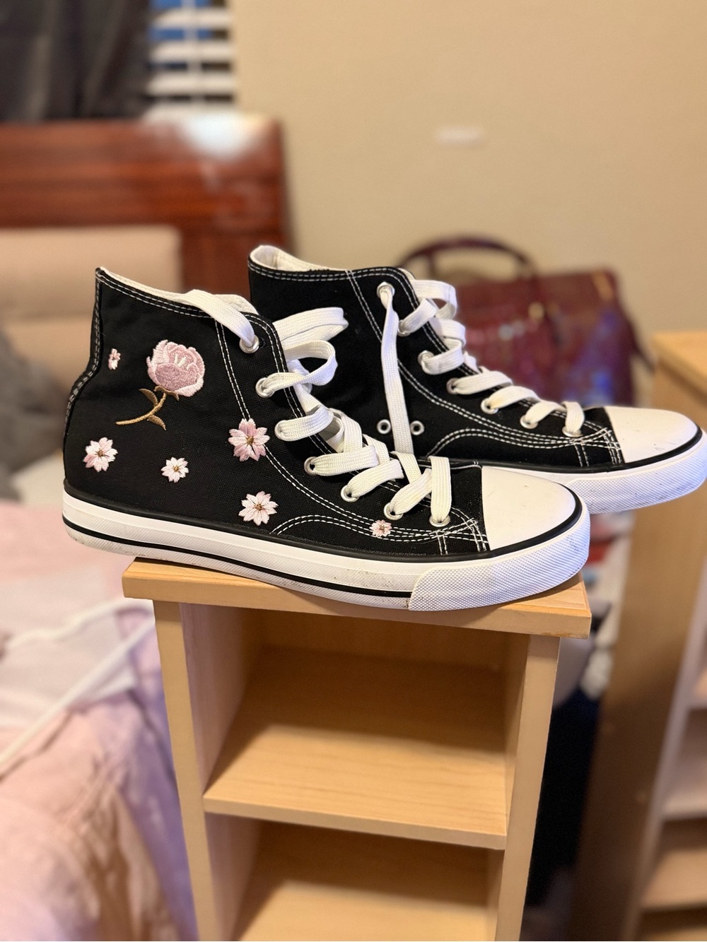 Black High-Top Kids Sneakers with Pink Floral Embroidery